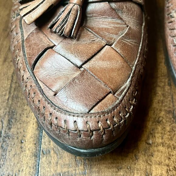 Vintage Woven Leather Tassel Loafers Mens 9.5 Brown Moc Toe Slip On Casual Tan main image 9